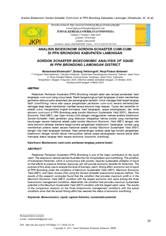 Jurnal Sinta 2 "Analisis Bioekonomi Gordon-Schaefer Cumi-cumi di PPN Brondong Kabupaten Lamongan"